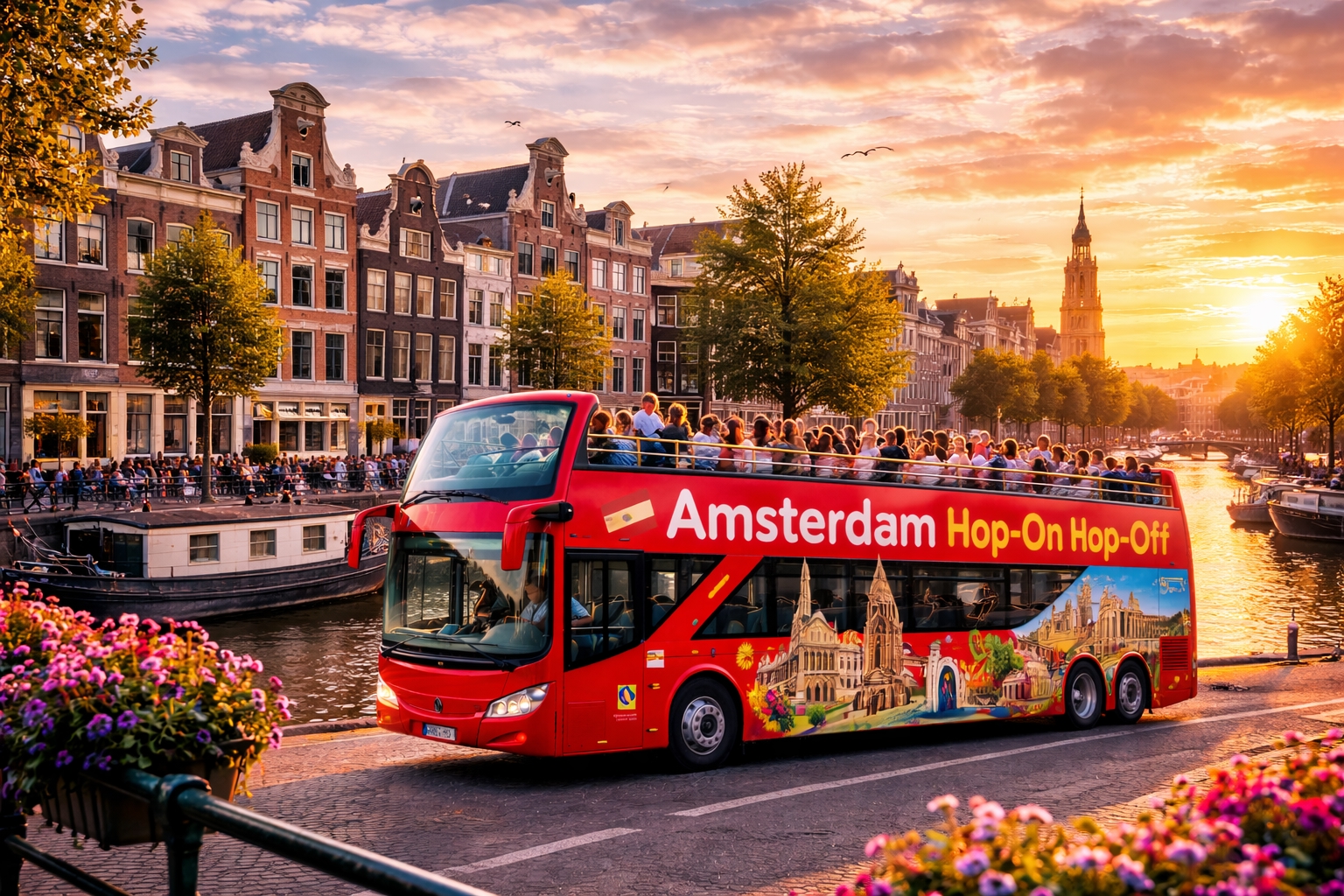 Amsterdam hop-on hop-off sightseeing bus along a canal with historic Dutch houses