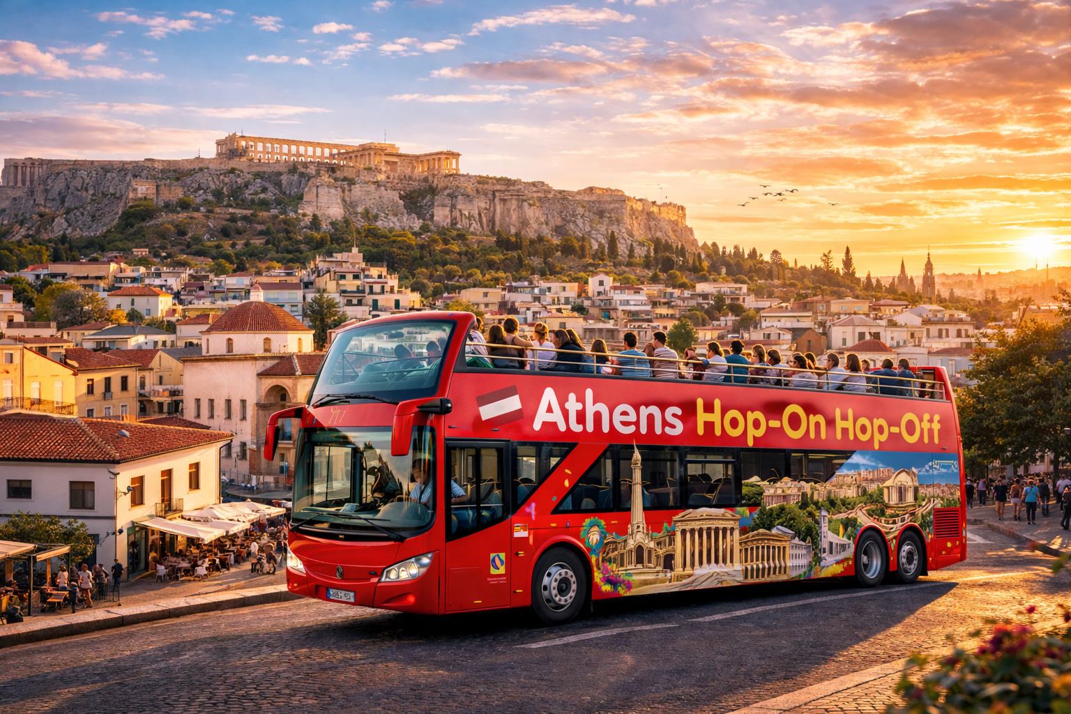 Athens hop-on hop-off sightseeing bus with the Acropolis and Parthenon in the background