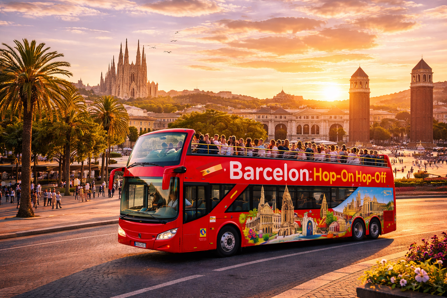 Barcelona hop-on hop-off sightseeing bus near Plaça d'Espanya with Sagrada Família in the background