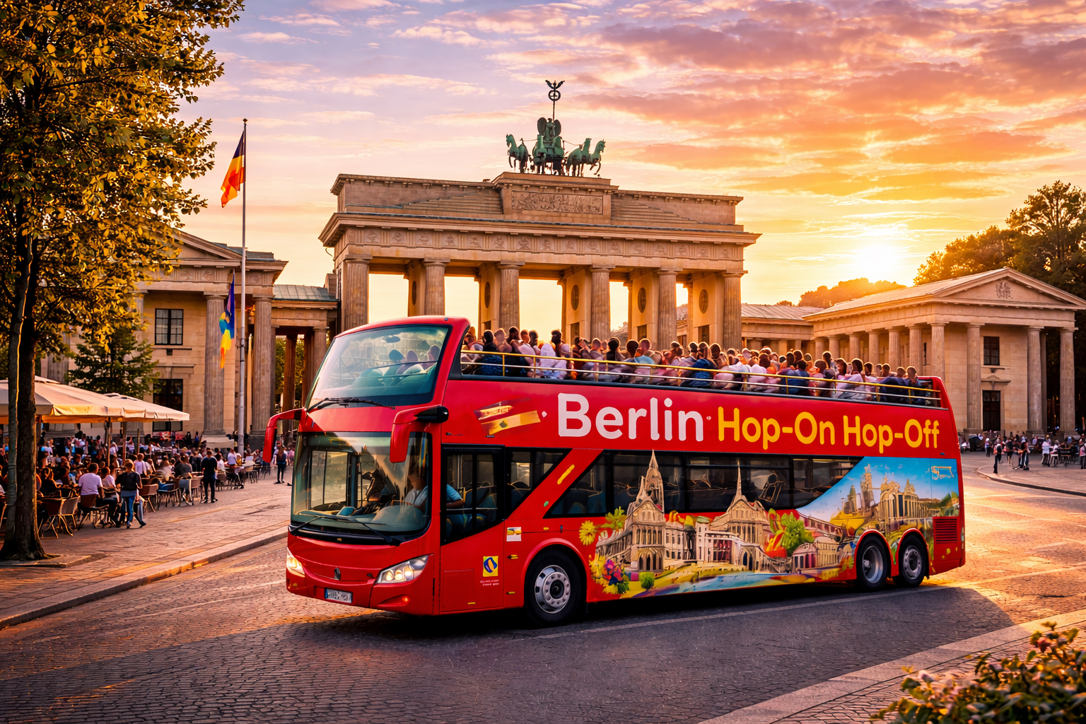 Berlin hop-on hop-off sightseeing bus in front of the Brandenburg Gate
