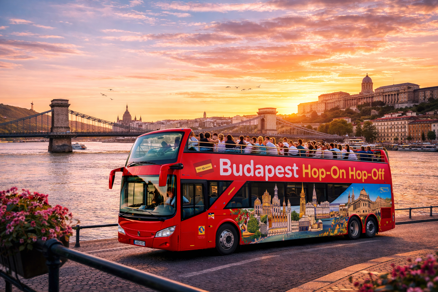 Budapest hop-on hop-off sightseeing bus along the Danube River with Chain Bridge and Buda Castle