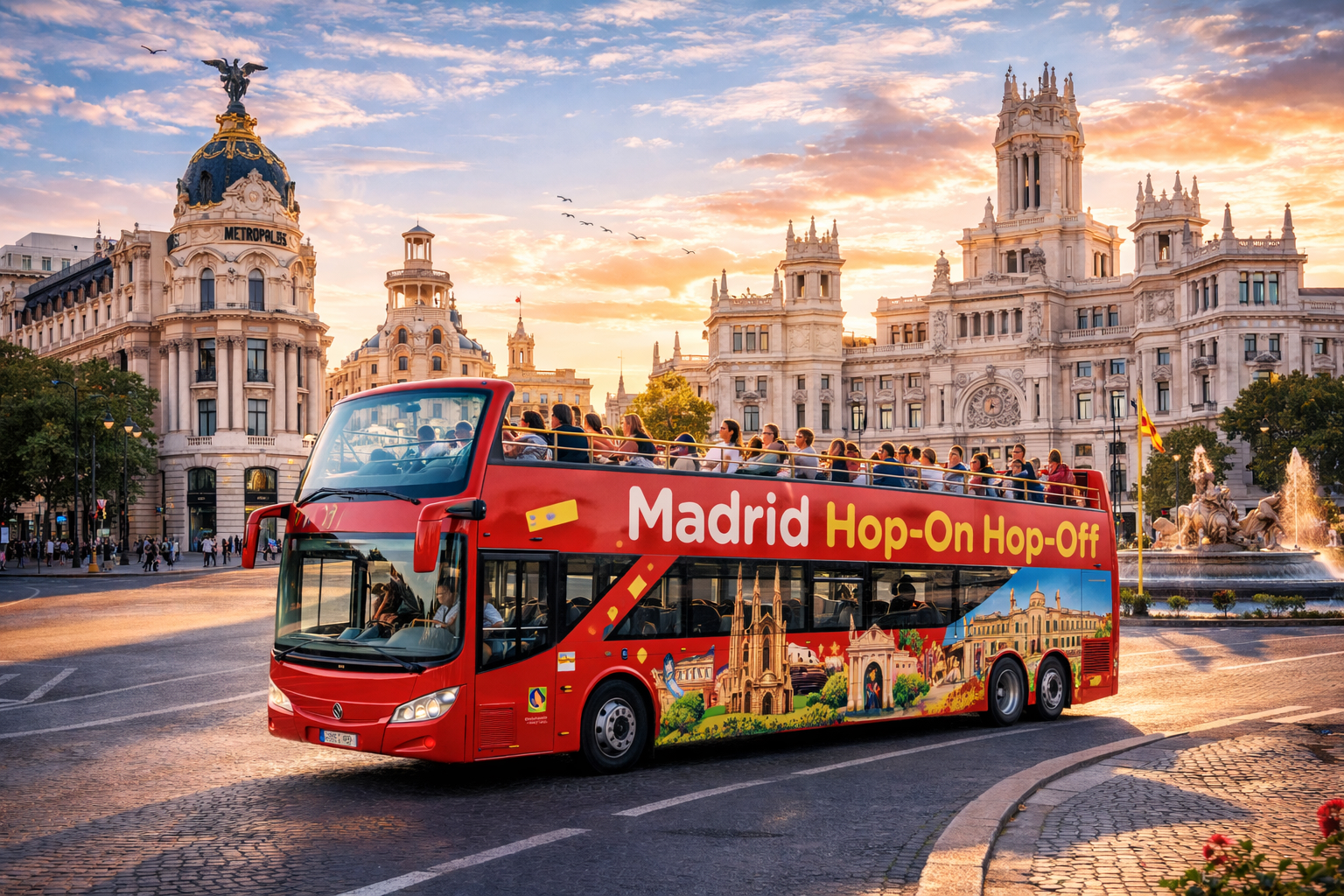 Madrid hop-on hop-off sightseeing bus tour passing major attractions