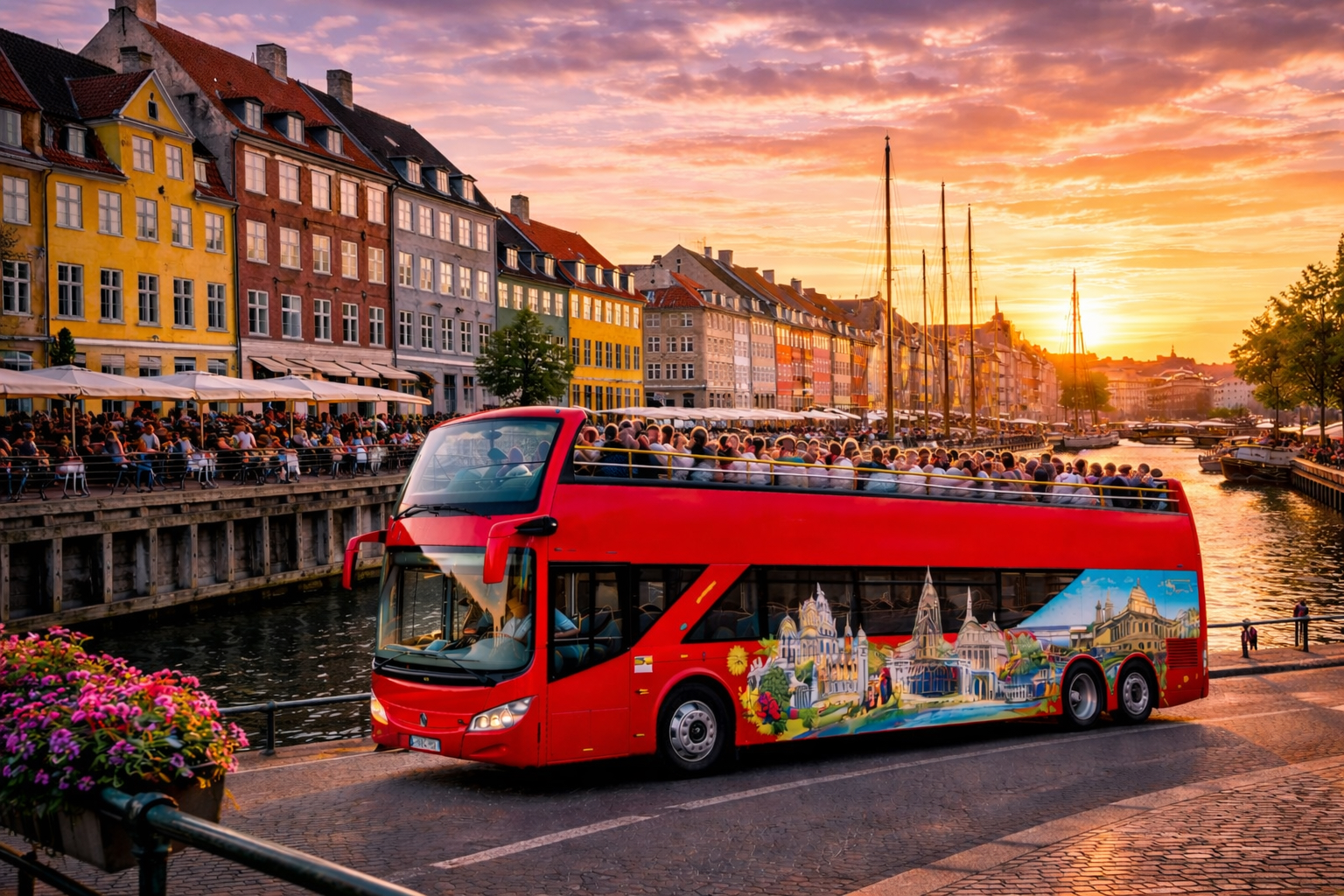 Copenhagen hop-on hop-off sightseeing bus along Nyhavn harbor with colorful waterfront buildings